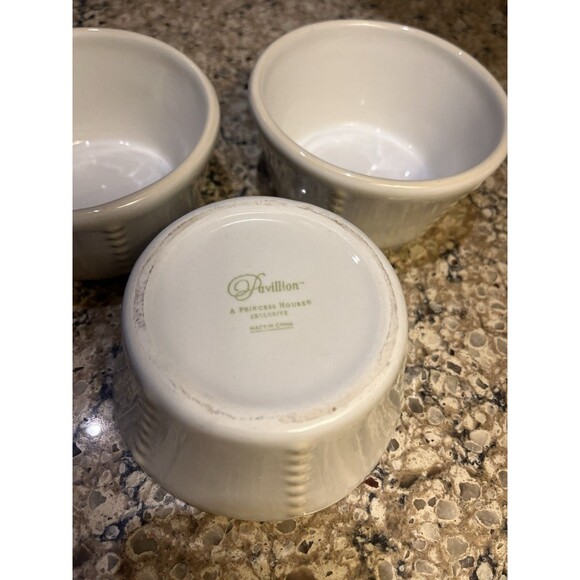 Princess House Pavillion 3 Ramekins Stoneware Off White Hobnail Design 4”x2” - Picture 4 of 7